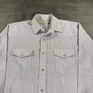 Vintage Roper Western Shirt Men L Blue‎ White Silver Metallic Pearl Snap Cowboy